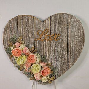 Vintage Handmade 10" Rustic Wooden Heart Wall Decor With Floral & "Love" Design